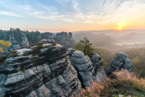 View from the bastion on the small goose rocks at sunrise,Elbe Sandstone Mountains,Saxony,Germany View from the bastion on the small goose rocks at sunrise,Elbe Sandstone Mountains,Saxony,Germany